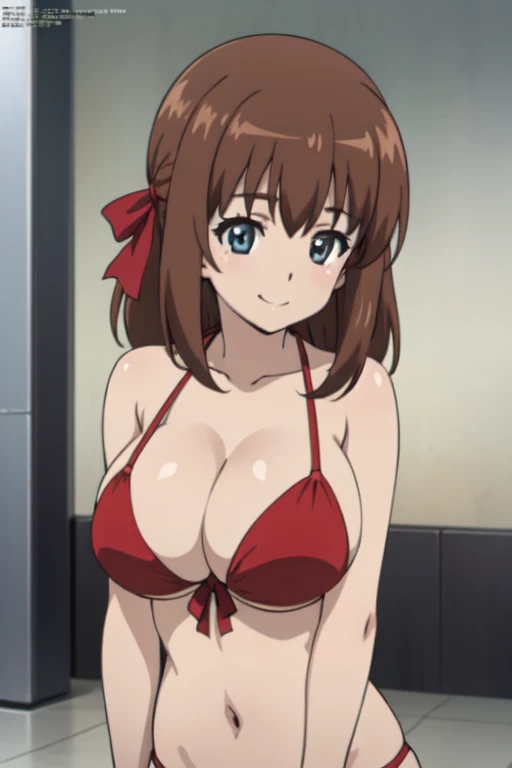 (anime cels style, best quality, high resolution, megami magazine, anime poster style, photorealistic), (beautiful eyes:1.2), kondou_taeko, 1girl, smile, medium hair, brown hair, brown eyes, (long red hair ribbon), (huge breast), (red bikini), upper body, (perfect detailed anatomy, beautiful face, perfect body, perfect arms, shiny skin), sunshine, bluesky