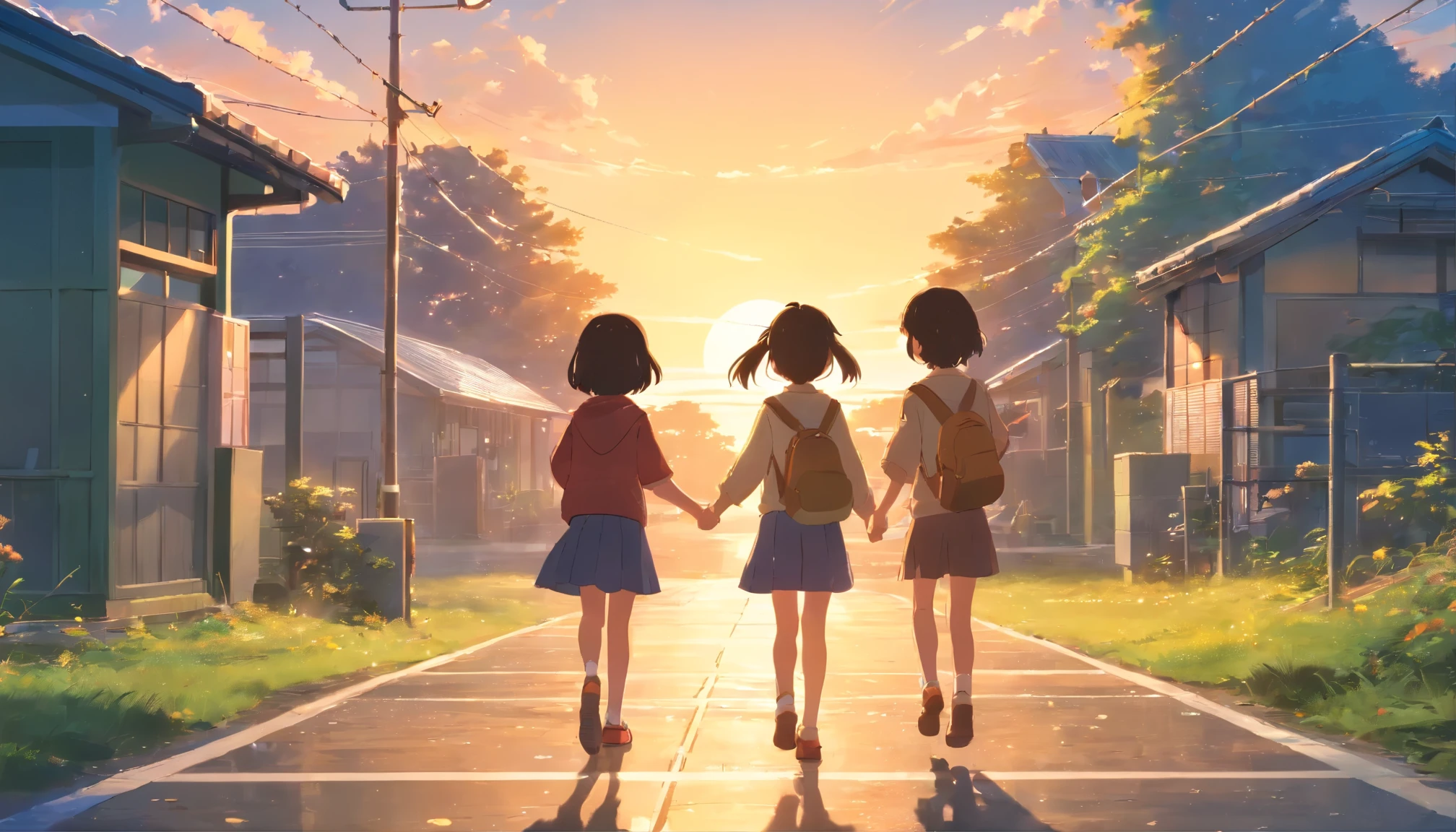 
Elementary schools in Japan、outdoor、 waving、raise your right hand、evening，7 year old elementary school student、Rear view、many children in the distance、Filled with fantastic and beautiful light。High quality down to the smallest detail。High resolution、4k