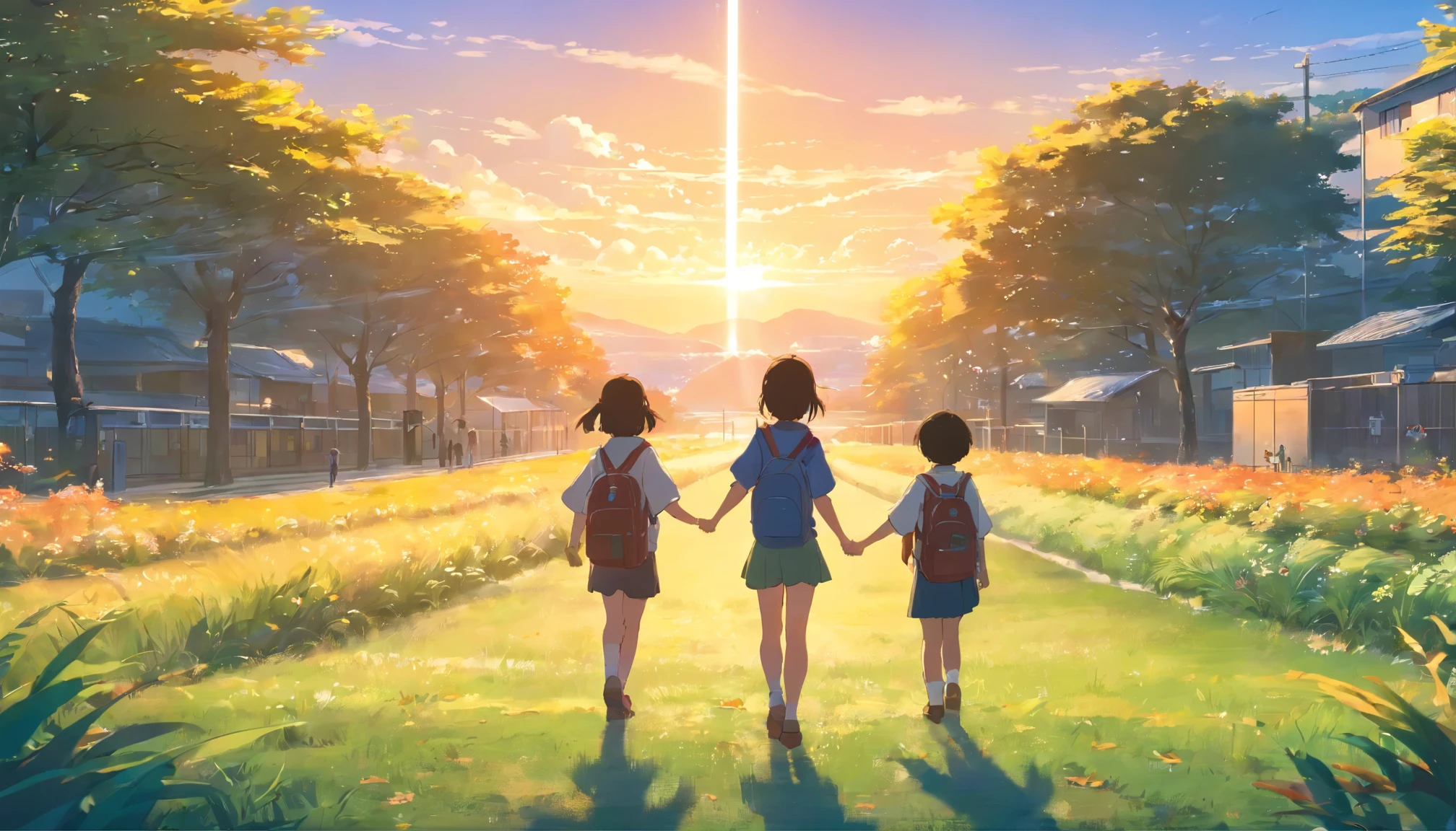 
 in Japan、outdoor、 waving、raise your right hand、evening，7 year old elementarildren in the distance、Filled with fantastic and beautiful light。High quality down to the smallest detail。High resolution、4k