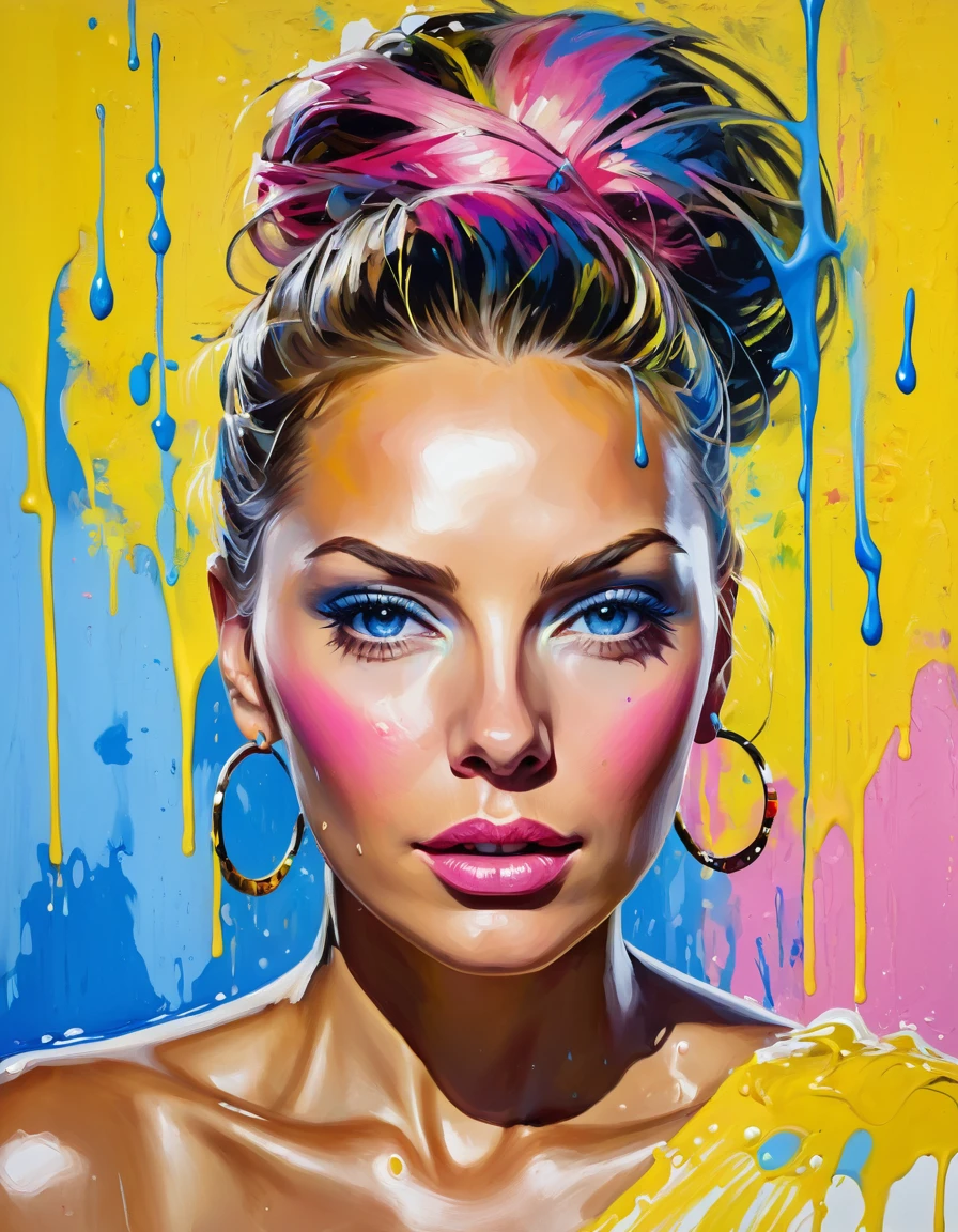 ice, olpntng style, A head and shoulders portrait of a wonderfll strong woman [Vanessa Williams:Maude Adams:0.45], blue, yellow, pink, masterpiece, trending on artstation, oil painting, heavy strokes, paint dripping