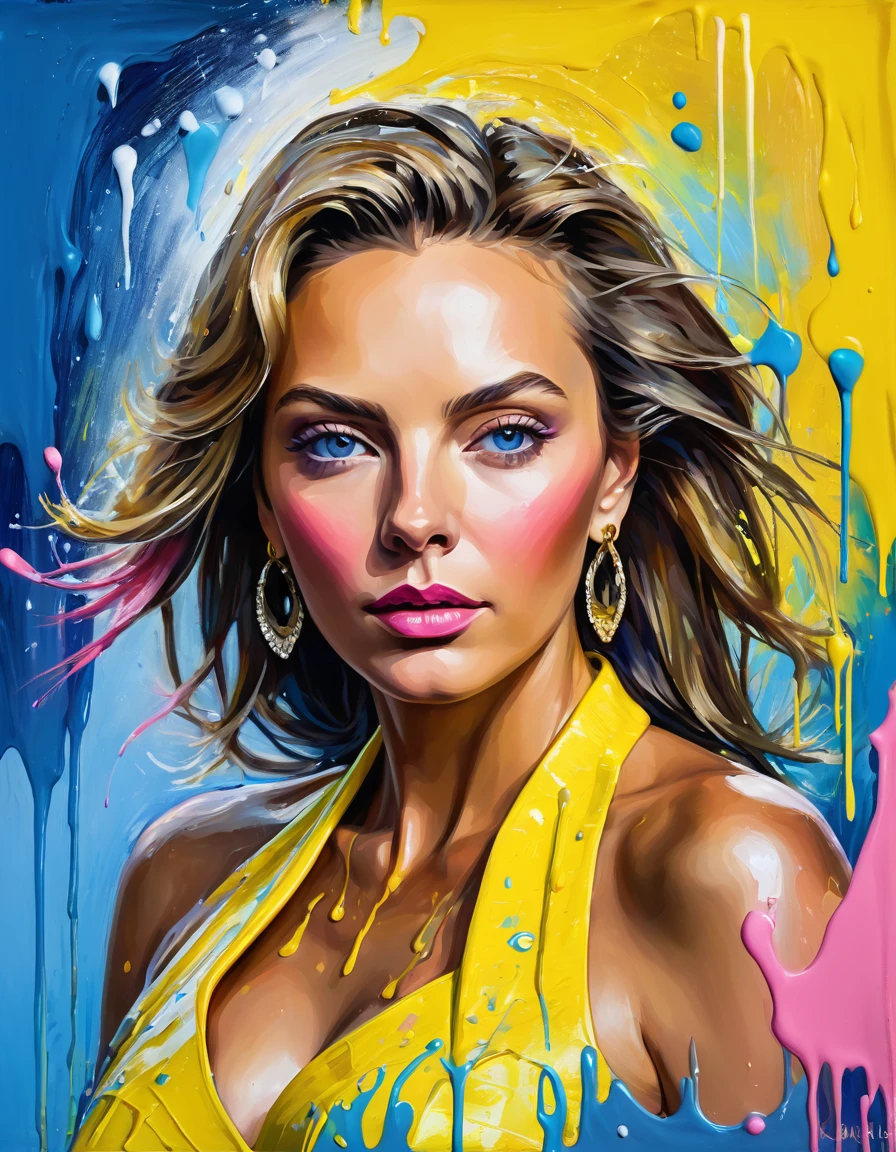 ice, olpntng style, A head and shoulders portrait of a wonderfll strong woman [Vanessa Williams:Maude Adams:0.45], blue, yellow, pink, masterpiece, trending on artstation, oil painting, heavy strokes, paint dripping