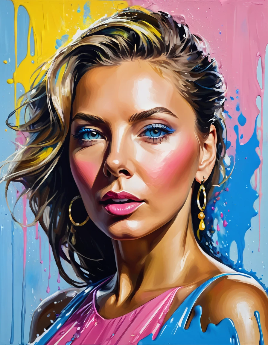 ice, olpntng style, A head and shoulders portrait of a wonderfll strong woman [Vanessa Williams:Maude Adams:0.45], blue, yellow, pink, masterpiece, trending on artstation, oil painting, heavy strokes, paint dripping