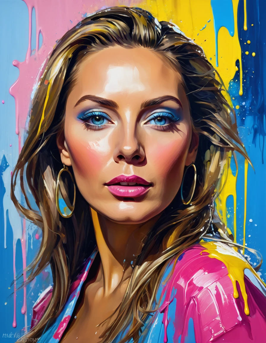 ice, olpntng style, A head and shoulders portrait of a wonderfll strong woman [Vanessa Williams:Maude Adams:0.45], blue, yellow, pink, masterpiece, trending on artstation, oil painting, heavy strokes, paint dripping