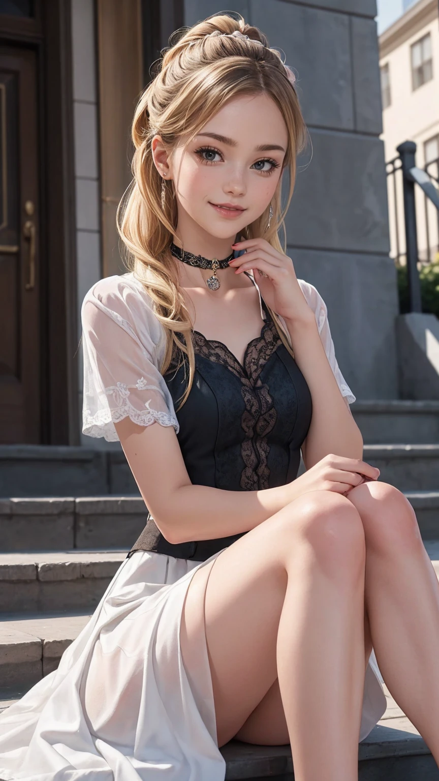 ((最high quality, 8K, masterpiece: 1.3, Ultra HD, high quality, 最high quality, High resolution, realism)) 、(high color saturation:1.0), (highly detailed skin), (最high quality:1.0), (超High resolution:1.0) ,(realistic:1.0), (Super detailed:1.0), (8K, Raw photo:1.1), slender、Slender, muscular body that's toned like an athlete's、I don't want my head to disappear from the screen.、Accessorize your wrist、Wearing red nail polish、I have a peticure、cinematic lighting, sparkle 、25 year old white woman、platinum blonde、long hair、blue eyes、hair above one eye、smile、Wear a lace choker、Wear a lace-decorated dress、flare skirt((flare skirt))wear、Stone apartment on New York's Upper West Side、Sit down on the steps at the entrance、smile((smile ))、long eyelashes((longeyelashes))、Colored eyelashes((colored eyelashes))