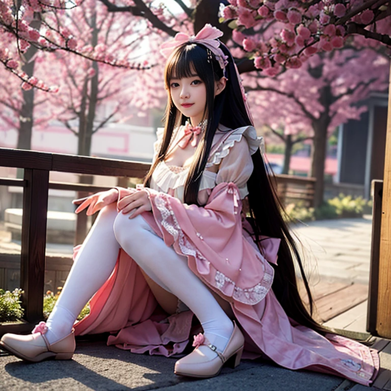 best quality, masterpiece, lifelike, 1 girl, alone, eternal, black hair, Long curly hair, blunt bangs, Smile, pink skirt, pink lolita dress, layered skirt, Lolita style long skirt,分層連衣裙 lace-trimmed 裙子, decorate, lace, long sleeve, puff sleeves, wide sleeves, Transparent sleeves, hair accessories, 在flower园里, flower, Detailed background,  delicate face，pink blush，white及膝襪, Pink shoes，cold，Lots of lace，((​masterpiece))、(top quality)、8K、high detail、super detailed、 21 years old female，穿着pink lolita dress((dreamy atmosphere:1.1))、Seductive and whimsical style、​masterpiece、born、Scenes resembling fairy tale illustrations、intricate details展示了洛丽塔礼服的荷叶边和复杂的设计、capricious、 beautifully、Dream aesthetics、「𝓡𝓸𝓶𝓪𝓷𝓽𝓲𝓬、ethereal、charming、fickle、magic」、realism、Visual effect、FXAA、SSAO、shader、voiceless、ambient lighting、Tone mapping、High resolution、ultra high definition、megapixel、(8K resolution:1.10)、8K、8K resolution、high detail、intricate details、 (high quality:1.2、​masterpiece:1.2、:1.21)、(21 years old female:1.21)、(興奮地Smile)、(Surrounded by the dreamy atmosphere of an amusement par色洛丽塔连衣裙、Her eyes were full of surprise and joy、I took a lot of geek photos、High heel、Model diagram，full-body shot，Knee-high white的 lace socks,Sweet Lolita，Normal 2 feet，Pink shoes，Baotou shoes，full-body shot，University Teachers&#39;不要exposed你的手指，Emphasize the volume of the skirt，exposed，huge breasts，white,The skirt flew up，Low-cut nudity，hair accessories，big skirt dress，If you shoot from a certain angle you can see my panties，eternal,The skirt floated up