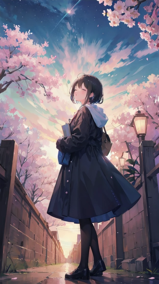 Girl looking up scene 1: Shadow of the cherry blossoms at dusk A girl stands quietly with the sky behind her, Dyed azure. 彼女の目の前にそびえ立つのはバベルのtowerと呼ばれる巨大な桜だ. The Shape, Like piercing the clouds, It&#39;s like it&#39;s reaching the sky. The girl&#39;s gaze is directed towards the top of the cherry tree.. tower, Enveloped in the darkness of the evening, Creates a fantastic atmosphere. The surface of the cherry tree has intricate patterns engraved on it.. Old-fashioned. The girl seemed to sense something deep within the cherry blossoms.. Is it a memory of a classic story?、Or is it a longing for an unknown fantasy world?? Scene 2: star空の記憶 night skyに無数のstarが瞬く中、少女はtowerの頂上に立つ. At her feet, The city lights shine like jewels. The girl closes her eyes and takes a deep breath. 夜風の匂いとtowerの古い匂いが混じる. The girl&#39;s mind replayed a famous story. The girl read a story of adventure and friendship.。 . The main character of the story, Like a girl, バベルのtowerに登りました. There, She met her friends、Overcoming various difficulties. One day the girl had a dream。, Like the main character, I&#39;ll go on an adventure. Scene 3: 朝焼けの約束 朝日の光がtowerを照らす頃、少女はtowerを出た. think back, towerは朝日に輝いて神々It even seemed. 少女はいつかまたこのtowerに登ると決めた. And she, She vows to tell the rest of the story. step by step, The girl walked into the future,Cherry blossom trees,Fluttering cherry blossoms,night sky,milky way,star,black hair,short bob,Open your eyes and look at me