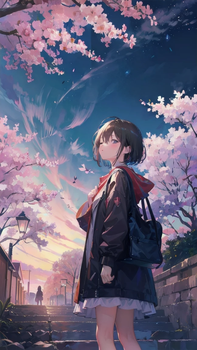 Girl looking up scene 1: Shadow of the cherry blossoms at dusk A girl stands quietly with the sky behind her, Dyed azure. 彼女の目の前にそびえ立つのはバベルのtowerと呼ばれる巨大な桜だ. The Shape, Like piercing the clouds, It&#39;s like it&#39;s reaching the sky. The girl&#39;s gaze is directed towards the top of the cherry tree.. tower, Enveloped in the darkness of the evening, Creates a fantastic atmosphere. The surface of the cherry tree has intricate patterns engraved on it.. Old-fashioned. The girl seemed to sense something deep within the cherry blossoms.. Is it a memory of a classic story?、Or is it a longing for an unknown fantasy world?? Scene 2: star空の記憶 night skyに無数のstarが瞬く中、少女はtowerの頂上に立つ. At her feet, The city lights shine like jewels. The girl closes her eyes and takes a deep breath. 夜風の匂いとtowerの古い匂いが混じる. The girl&#39;s mind replayed a famous story. The girl read a story of adventure and friendship.。 . The main character of the story, Like a girl, バベルのtowerに登りました. There, She met her friends、Overcoming various difficulties. One day the girl had a dream。, Like the main character, I&#39;ll go on an adventure. Scene 3: 朝焼けの約束 朝日の光がtowerを照らす頃、少女はtowerを出た. think back, towerは朝日に輝いて神々It even seemed. 少女はいつかまたこのtowerに登ると決めた. And she, She vows to tell the rest of the story. step by step, The girl walked into the future,Cherry blossom trees,Fluttering cherry blossoms,night sky,milky way,star,black hair,short bob,Open your eyes and look at me