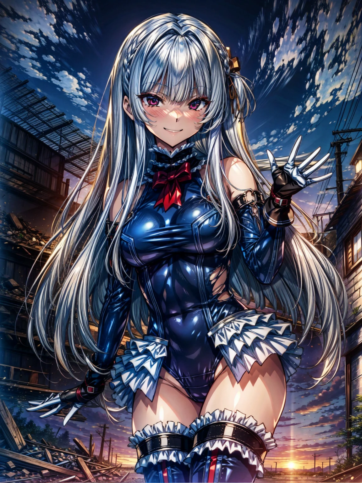 perfect anatomy, highest quality, marirose,evil smile,provocative attitude
,(Girls greet dawn on top of a pile of rubble:1.1),evil smile,anime style,(Torn frill swimsuit:1.9, Thighhighs, removed sleeve), (anime style:1.4) ,
silver hair,(White fingers:1.1,black gloves),very long hair,evil aura,Rape Eye,Torn costume:1.9,Put a collar with a chain on your hand,(nsfw:1.2)
