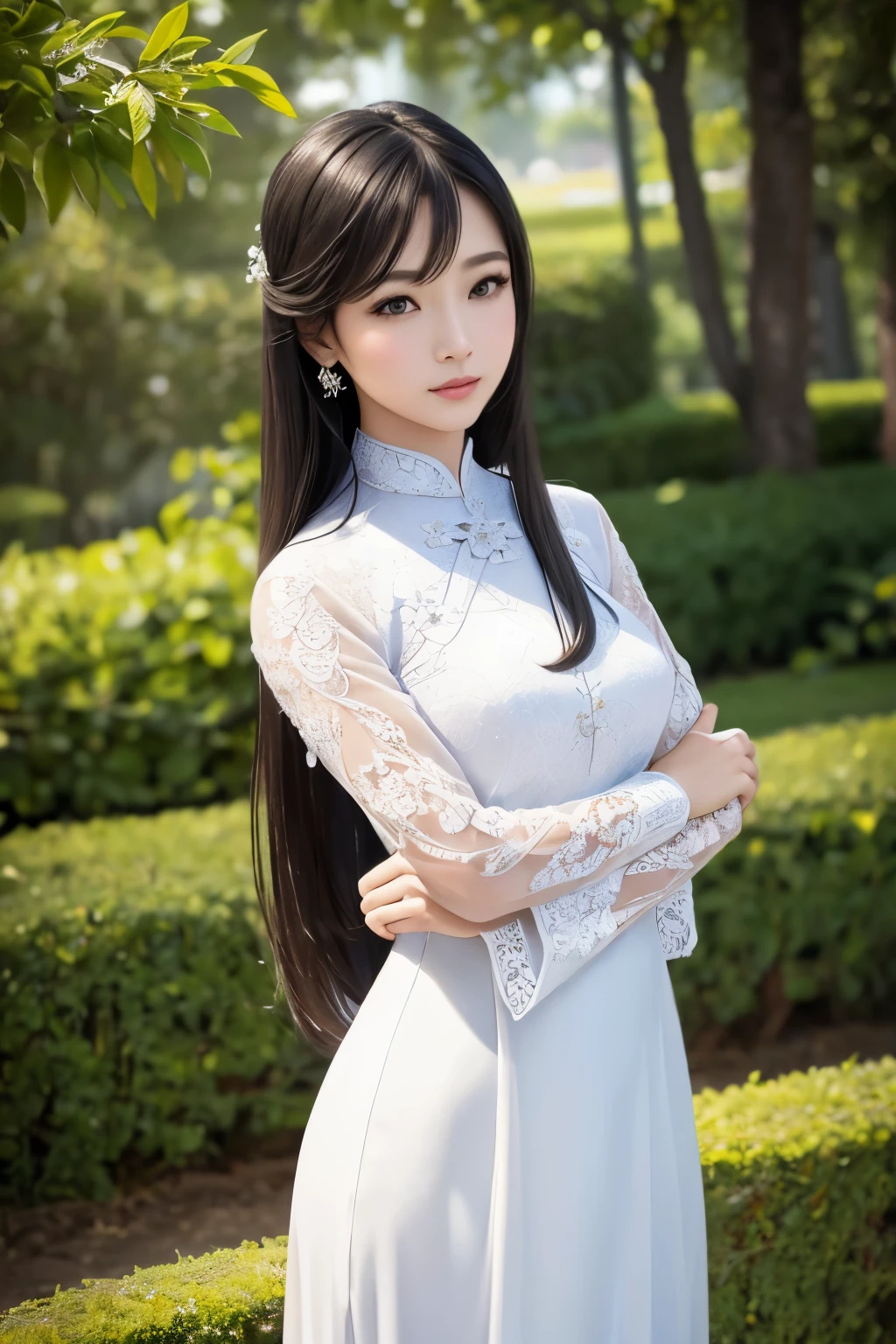 best quality, (realistic, Photoreal:1.37), ((solo)), 8K quality, very delicate and beautiful, wonderful, Official art with attention to detail, That&#39;s ridiculous, incredibly ridiculous, huge file size, super detailed, very detailed, (cute), (detailed girl), very detailed目と顔, detailed and beautiful eyes, light makeup,, (perfect woman image), slim waist, (beauty of vietnam), (((whole body))), ((Put your head in the frame)), ((pure white)), ((Lace Ao Dai)), smile gently, (black hair), (unusually long hair),