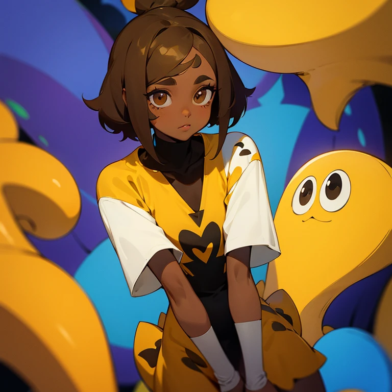 Una chica de conflexion media, dark skin with vitiligo. Cara redonda, honey-colored droopy eyes. Pelo ondulado, Shaggy brown haircut.