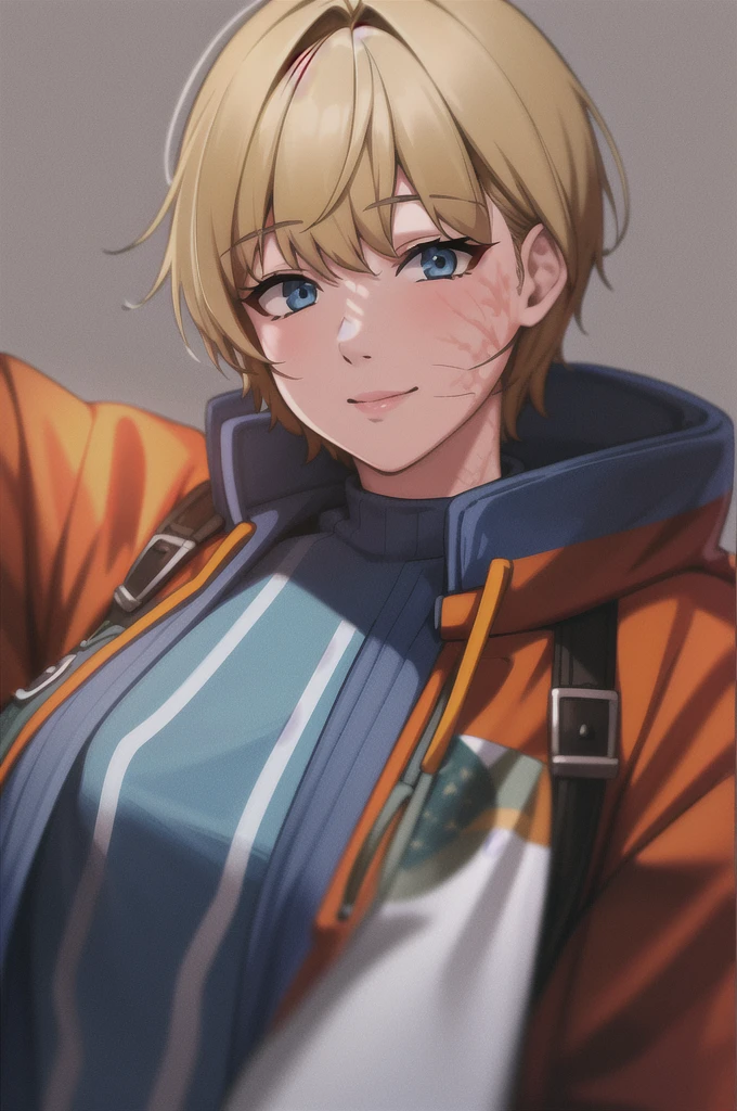 wattson (apex legends), masterpiece, best quality, 1girl, solo, scar, scar on face, scar on cheek, bangs, blonde hair, blue eyes, burn scar, smile, cowboy shot,