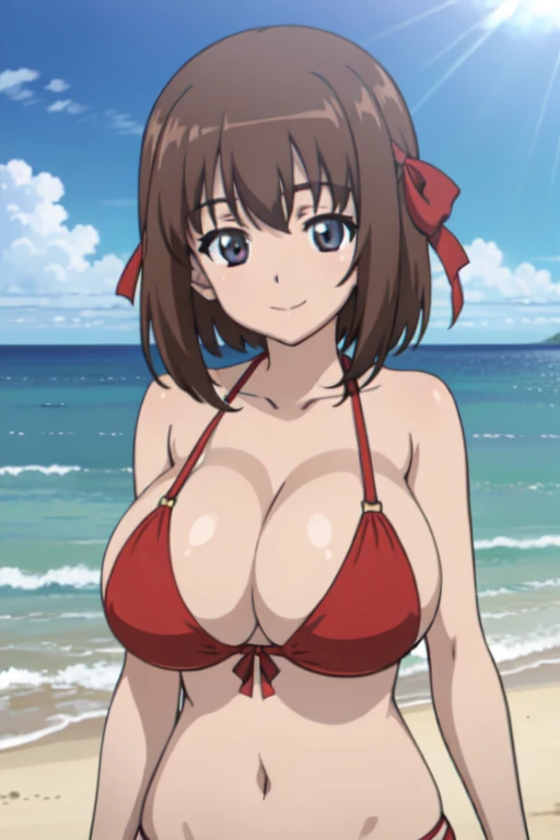 (anime cels style, best quality, high resolution, megami magazine, anime poster style, photorealistic), (beautiful eyes:1.2), kondou_taeko, 1girl, smile, medium hair, brown hair, brown eyes, (hair ribbon, red ribbon), (huge breast), (red bikini), upper body, (perfect detailed anatomy, beautiful face, perfect body, perfect arms, shiny skin), sunshine, bluesky