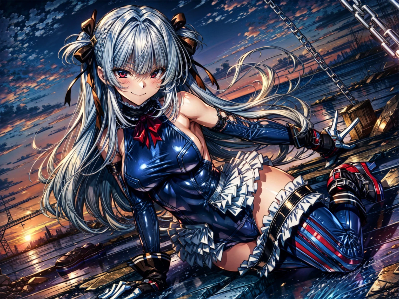 perfect anatomy, highest quality, marirose,evil smile,provocative attitude
,(Girls greet dawn on top of a pile of rubble:1.1),evil smile,anime style,(Torn frill swimsuit:1.9, Thighhighs, removed sleeve), (anime style:1.4) ,
silver hair,(White fingers:1.1,black gloves),very long hair,evil aura,Rape Eye,Torn costume:1.9,Put a collar with a chain on your hand,(nsfw)