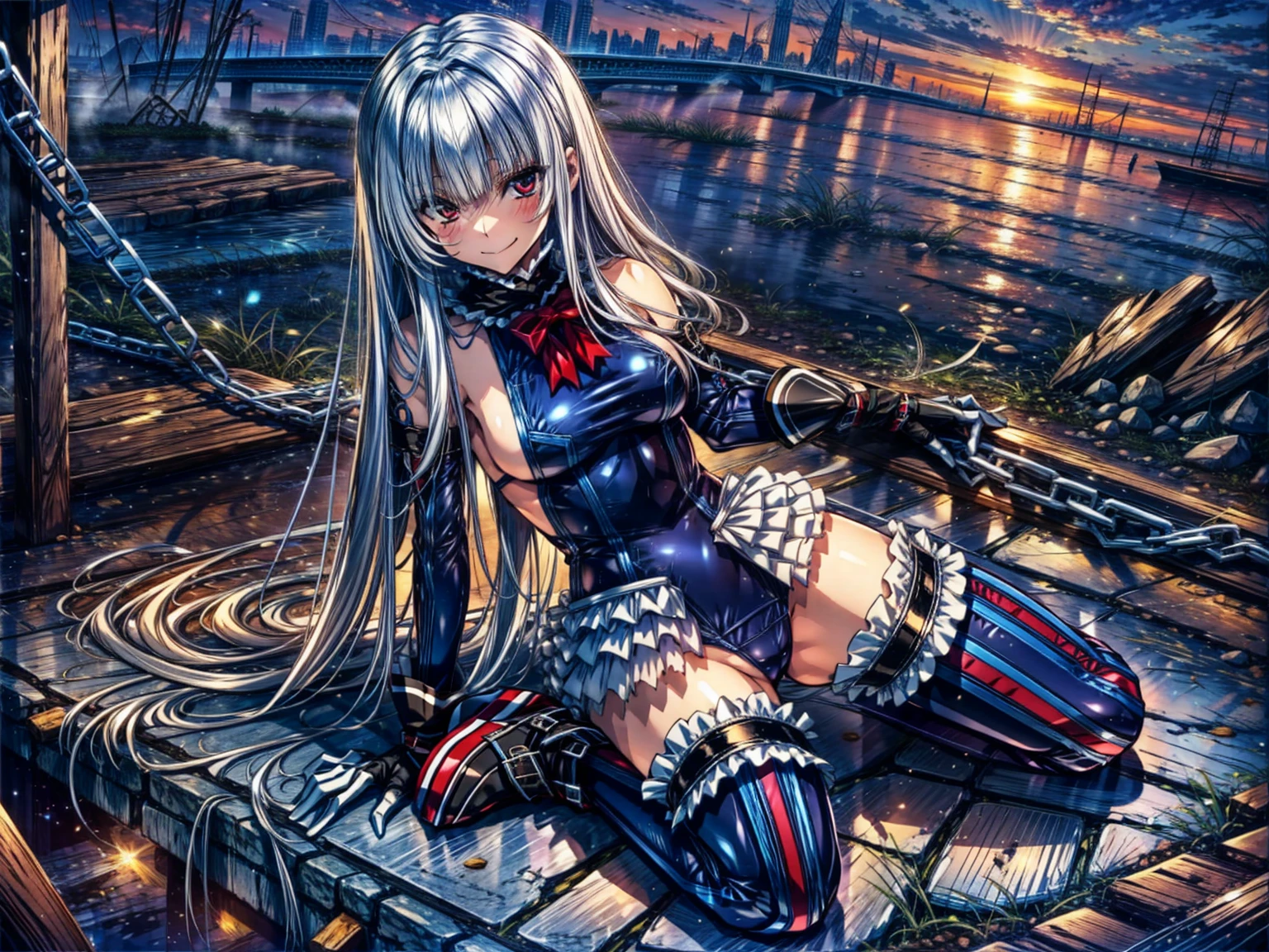 perfect anatomy, highest quality, marirose,evil smile,provocative attitude
,(Girls greet dawn on top of a pile of rubble:1.1),evil smile,anime style,(Torn frill swimsuit:1.9, Thighhighs, removed sleeve), (anime style:1.4) ,
silver hair,(White fingers:1.1,black gloves),very long hair,evil aura,Rape Eye,Torn costume:1.9,Put a collar with a chain on your hand,(nsfw)