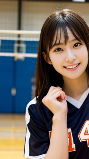It captures a beautiful 24-year-old Japanese woman with the figure of a member of Japanese idol groups Keyakizaka46 and Nogizaka46.。She is posing as a volleyball player。With a smile、I&#39;m posing with the wide angle slightly raised.。Her natural charm and bright smile、It&#39;s overflowing from the photo。Her pose and charming smile、It fascinates the viewer。