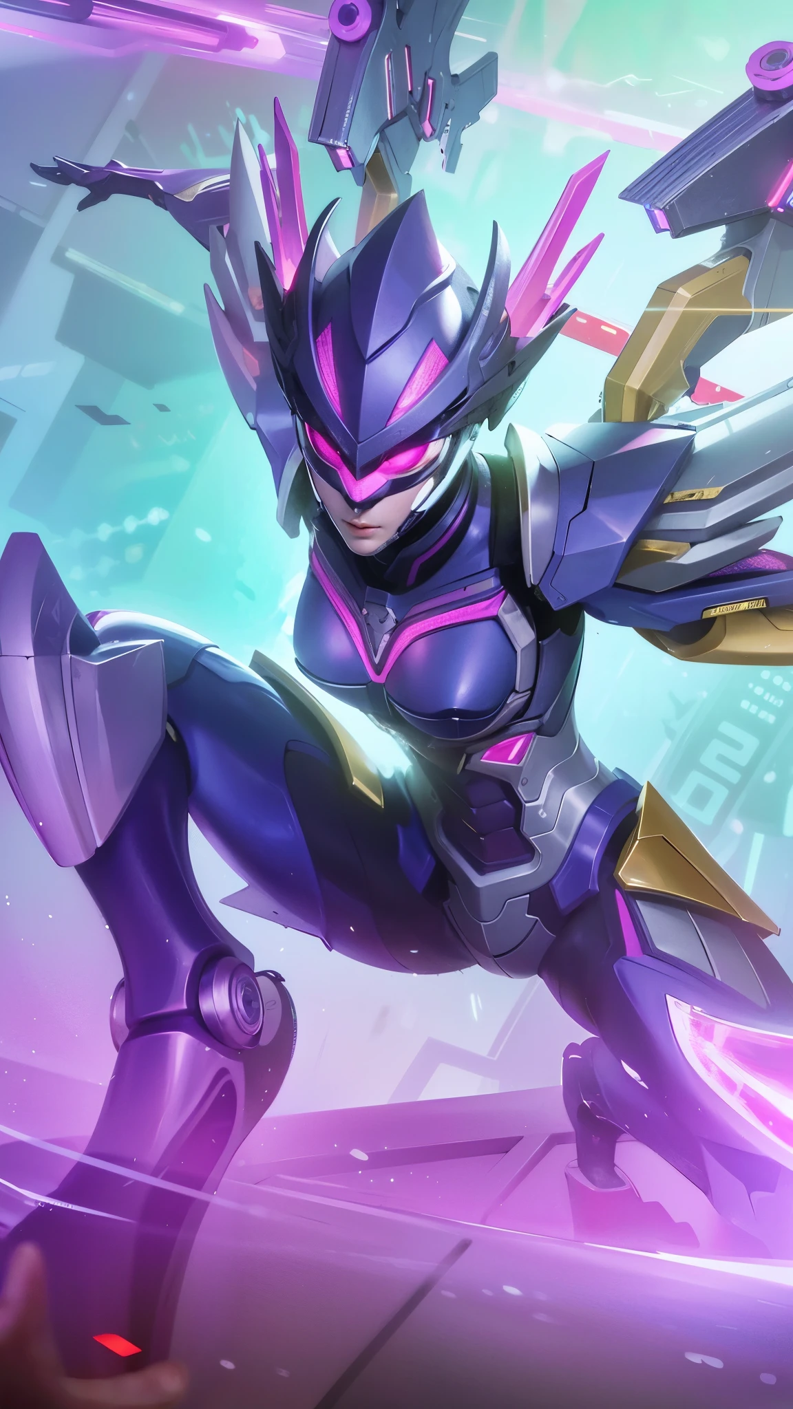 a close up of a robot with a purple and yellow costume, 8k, ultra hd, ultra detailed texture, hyper realistic, masterpiece, detailed texture, detailed face, detailed skin, detailed lighting, (photorealistic:1.5), best quality, beautiful lighting, cinematic lighting, professional lighting, ultra highres, realistic, detailed hair, real hair, high quality, (realskin:1.5), extremely detailed, finely detail, ultra-detailed.