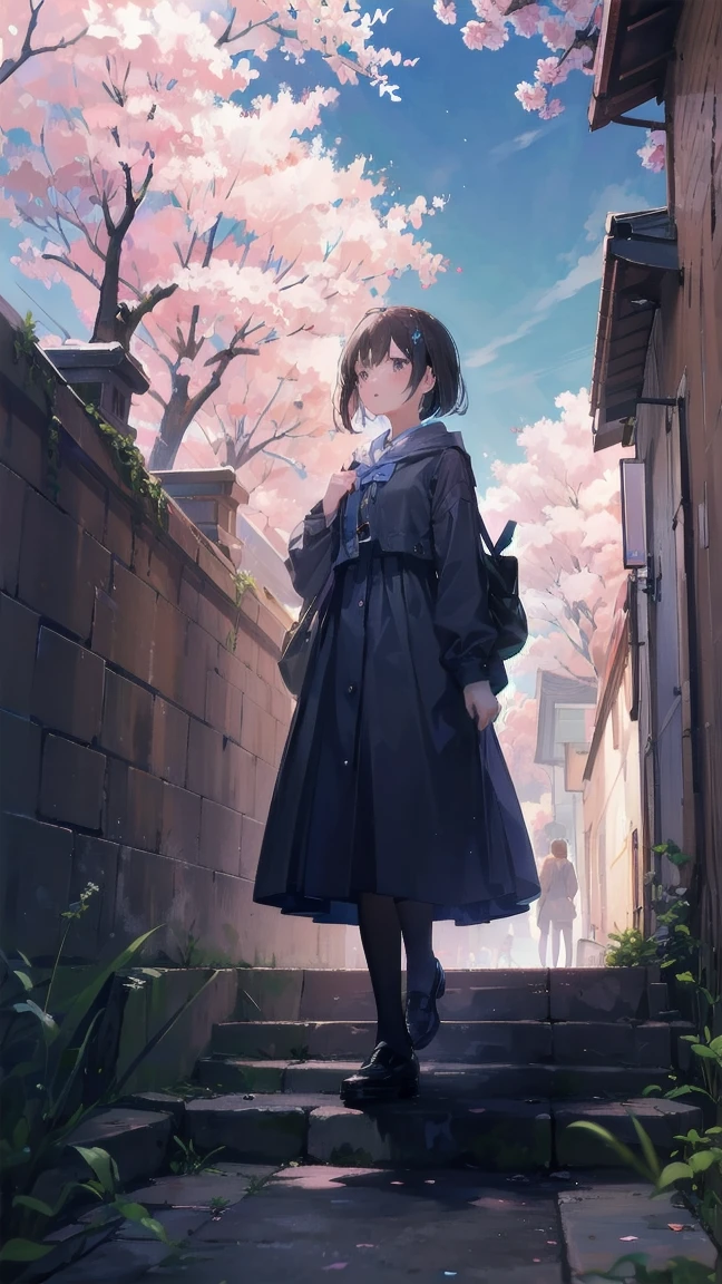 Girl looking up scene 1: Shadow of the cherry blossoms at dusk A girl stands quietly with the sky behind her, Dyed azure. 彼女の目の前にそびえ立つのはバベルのtowerと呼ばれる巨大な桜だ. The Shape, Like piercing the clouds, It&#39;s like it&#39;s reaching the sky. The girl&#39;s gaze is directed towards the top of the cherry tree.. tower, Enveloped in the darkness of the evening, Creates a fantastic atmosphere. The surface of the cherry tree has intricate patterns engraved on it.. Old-fashioned. The girl seemed to sense something deep within the cherry blossoms.. Is it a memory of a classic story?、Or is it a longing for an unknown fantasy world?? Scene 2: star空の記憶 night skyに無数のstarが瞬く中、少女はtowerの頂上に立つ. At her feet, The city lights shine like jewels. The girl takes a deep breath. 夜風の匂いとtowerの古い匂いが混じる. The girl&#39;s mind replayed a famous story. The girl read a story of adventure and friendship.。 . The main character of the story, Like a girl, バベルのtowerに登りました. There, She met her friends、Overcoming various difficulties. One day the girl had a dream。, Like the main character, I&#39;ll go on an adventure. Scene 3: 朝焼けの約束 朝日の光がtowerを照らす頃、少女はtowerを出た. think back, towerは朝日に輝いて神々It even seemed. 少女はいつかまたこのtowerに登ると決めた. And she, She vows to tell the rest of the story. step by step, The girl walked into the future,Cherry blossom trees,Fluttering cherry blossoms,night sky,milky way,star,black hair,short bob,looking at me