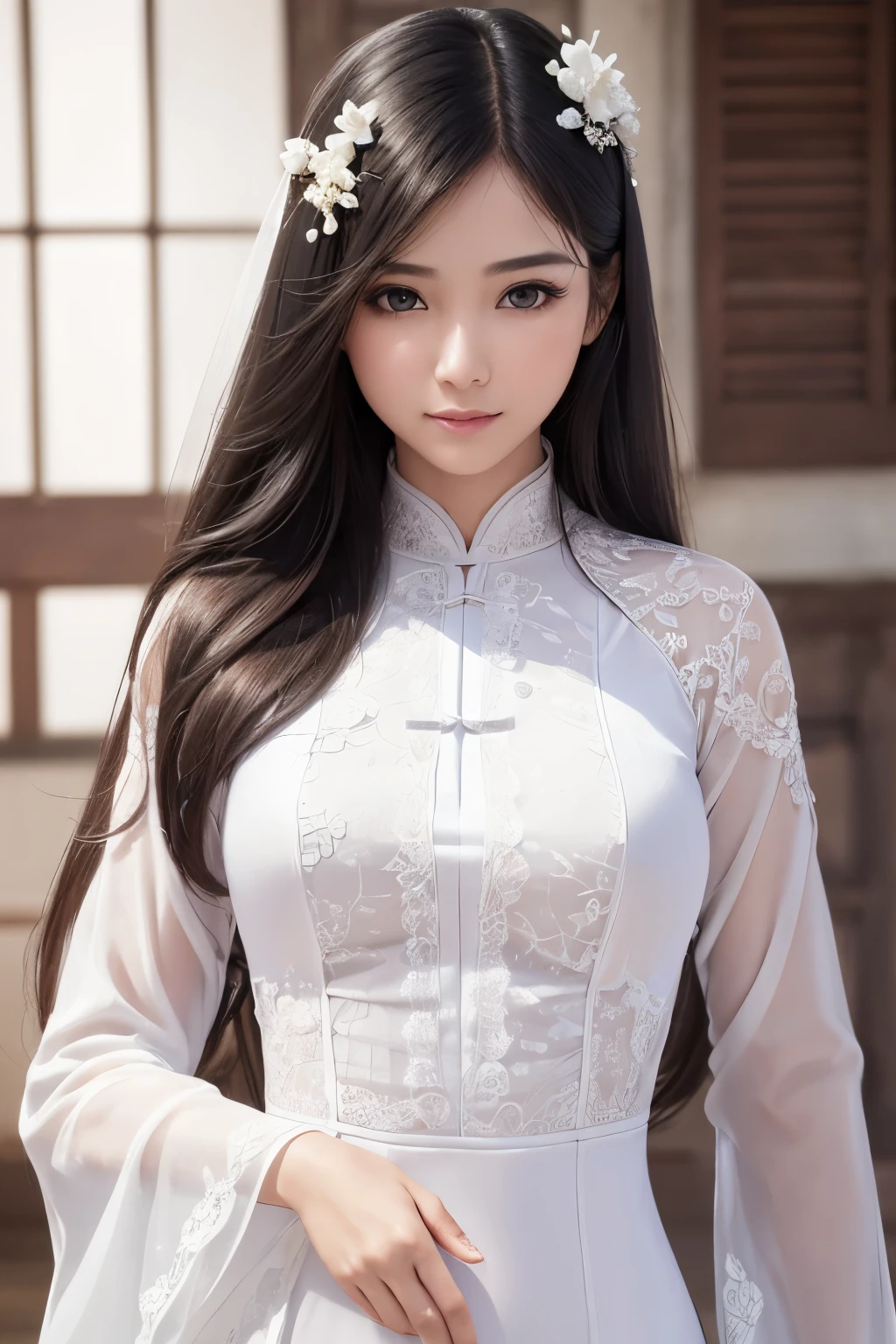 best quality, (realistic, Photoreal:1.37), ((solo)), 8K quality, very delicate and beautiful, wonderful, Official art with attention to detail, That&#39;s ridiculous, incredibly ridiculous, huge file size, super detailed, very detailed, (cute), (detailed girl), very detailed目と顔, detailed and beautiful eyes, light makeup,, (perfect woman image), slim waist, (beauty of vietnam), (((whole body))), ((put the head in the frame)), ((pure white)), ((Lace Ao Dai)), smile gently, (black hair), (unusually long hair),