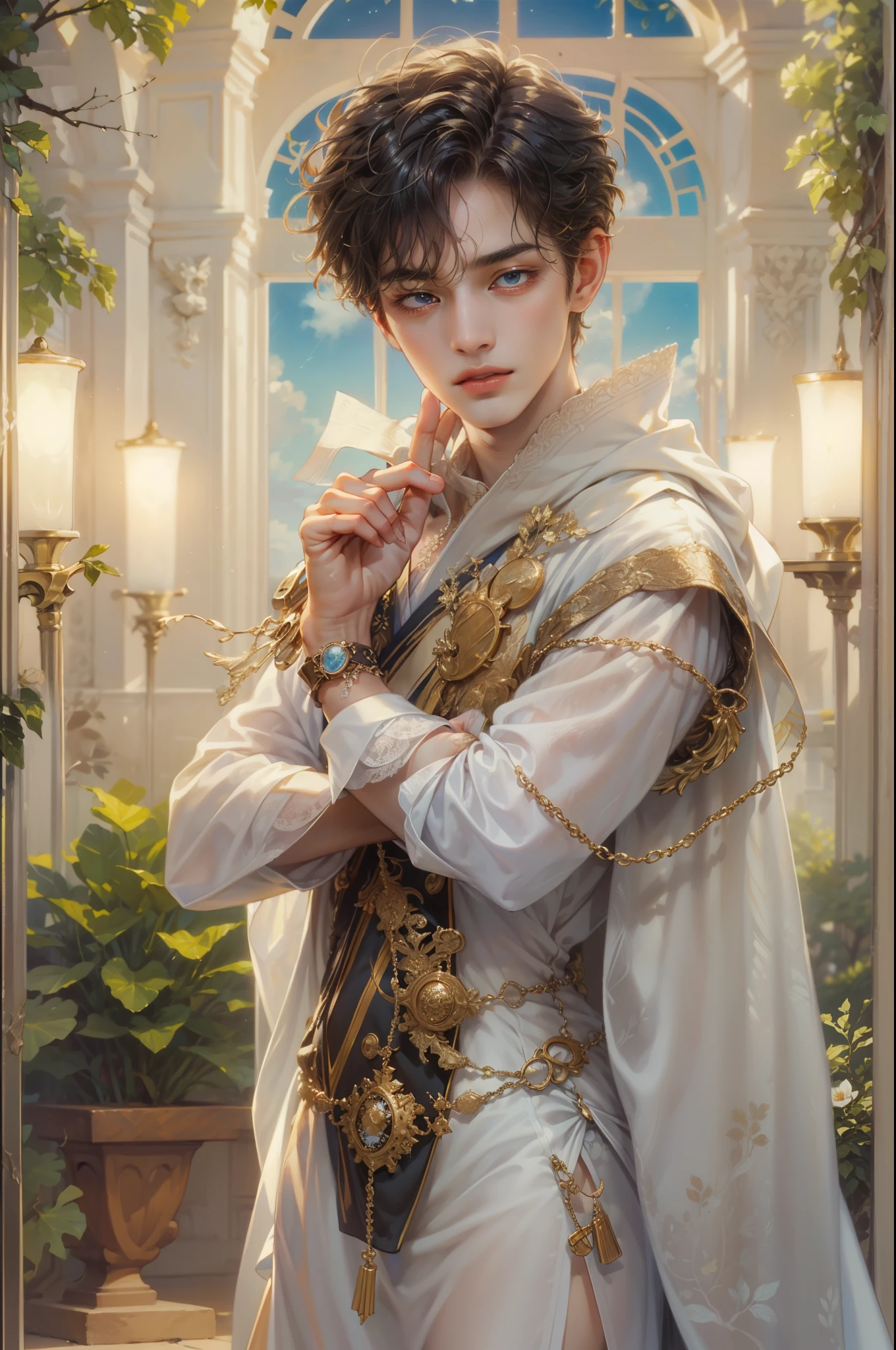 (masterpiece, top quality, best quality, official art, beautiful and aesthetic:1.2), boy, handsome, extreme detailed faces, (fractal art:1.3), colorful, highest detailed, (perfect face), shiny skin, HDR, cantarella, extremely detailed dress, detailed background