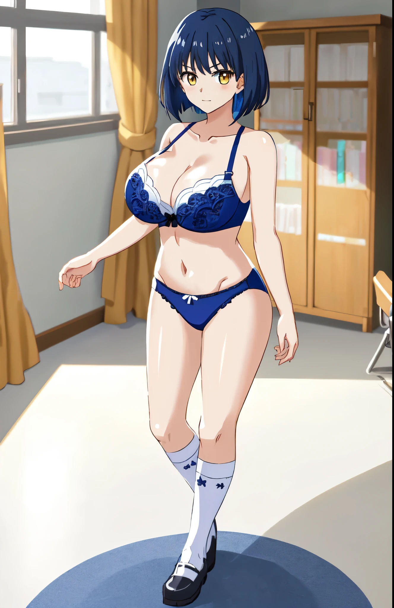 anime girl in a blue bra with a white lace trim and blue panty with a white bow、woman with short dark blue hair、woman with yellow eyes、bob cut、seductive anime woman、clothing:blue bra、blue panties、navy high socks、tall woman、cool atmosphere、anime moe art style、big breasts、woman with very large breasts、(anime girl)、attractive anime girl、naughty anime style、Beautiful charming anime 、Smooth anime CG art、school classroom、indoor、cleavage、bra with an blue、panty with an blue、high socks with an navy blue、whole body、Indoor shoes、a girl is standing、digital anime art!!、female focus、perfect body、cool anime girl、full body、anime best girl、solo、underwear only、Bra and panties only、8k!!、High resolution!!、