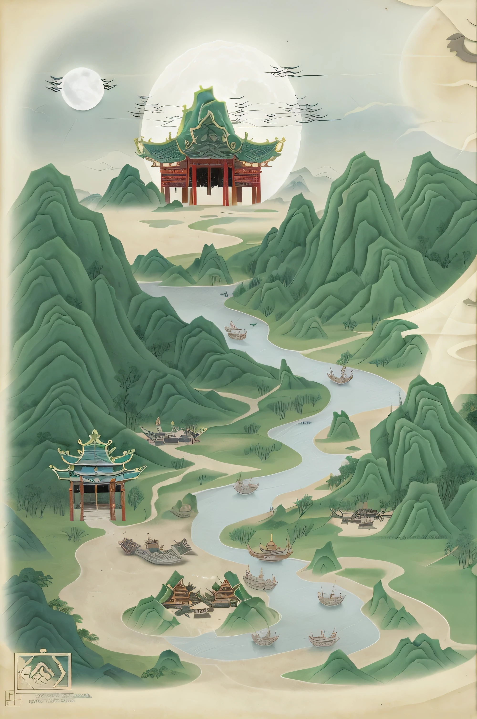 a painting of a mountain landscape with a river running through it and a full moon in the sky above,Anton Fadeev,league of legends concept art,a detailed matte painting,fantasy art,Sand table map,Ancient Chinese style,Mountain landscape,traditional Chinese pavilion