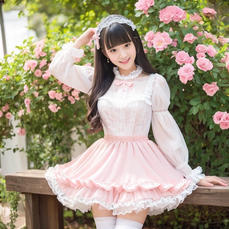 best quality, masterpiece, lifelike, 1 girl, alone, eternal, black hair, Long curly hair, blunt bangs, Smile, pink skirt, pink lolita dress, layered skirt, Lolita style long skirt,Layered dress lace-trimmed skirt, decorate, lace, long sleeve, puff sleeves, wide sleeves, Transparent sleeves, hair accessories, in the flower garden, flower, Detailed background, delicate face,pink blush,white knee socks, Pink shoes,cold,Lots of lace,((masterpiece))、(top quality)、8K、high detail、super detailed、 21 years old female,wearing pink lolita dress((dreamy atmosphere:1.1))、Seductive and whimsical style、masterpiece、born、Scenes resembling fairy tale illustrations、intricate details show the ruffles and intricate designs of the lolita gown、capricious、 beautifully、Dream aesthetics、「𝓡𝓸𝓶𝓪𝓷𝓽𝓲𝓬、ethereal、charming、fickle、magic」、realism、Visual effect、FXAA、SSAO、shader、voiceless、ambient lighting、Tone mapping、High resolution、ultra high definition、megapixel、(8K resolution:1.10)、8K、8K resolution、high detail、intricate details、 (high quality:1.2、masterpiece:1.2、:1.21)、(21 years old female:1.21)、(Smile excitedly)、(Surrounded by the dreamy atmosphere of an amusement par color lolita dress、Her eyes were full of surprise and joy、I took a lot of geek photos、High heel、Model diagram,full-body shot,Knee-high white的 lace socks,Sweet Lolita,Normal 2 feet,Pink shoes,Baotou shoes,full-body shot,;Don't expose your fingers,Emphasize the volume of the skirt,exposed,huge breasts,The skirt flew up,Low-cut nudity,hair accessories,big skirt dress,If you shoot from a certain angle you can see my panties,eternal,The skirt floated up