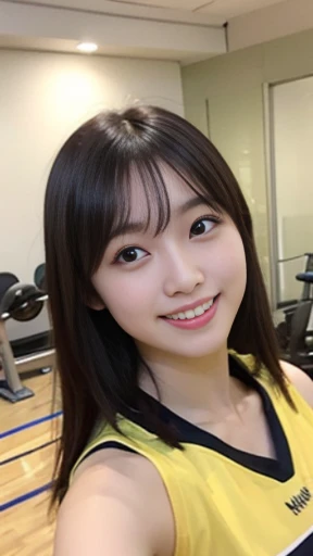 It captures a beautiful 24-year-old Japanese woman with the figure of a member of Japanese idol groups Keyakizaka46 and Nogizaka46.。She is posing as a volleyball player。With a smile、I&#39;m posing with the wide angle slightly raised.。Her natural charm and bright smile、It&#39;s overflowing from the photo。Her pose and charming smile、It fascinates the viewer。Touching the ball in a sleeveless shirt。In the background、The gym is expanding