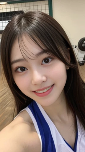 It captures a beautiful 24-year-old Japanese woman with the figure of a member of Japanese idol groups Keyakizaka46 and Nogizaka46.。She is posing as a volleyball player。With a smile、I'm posing with the wide angle slightly raised.。Her natural charm and bright smile、It's overflowing from the photo。Her pose and charming smile、It fascinates the viewer。Touching the ball in a sleeveless shirt。In the background、The gym is expanding