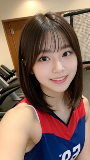It captures a beautiful 24-year-old Japanese woman with the figure of a member of Japanese idol groups Keyakizaka46 and Nogizaka46.。She is posing as a volleyball player。With a smile、I&#39;m posing with the wide angle slightly raised.。Her natural charm and bright smile、It&#39;s overflowing from the photo。Her pose and charming smile、It fascinates the viewer。Touching the ball in a red sleeveless shirt。In the background、The gym is expanding