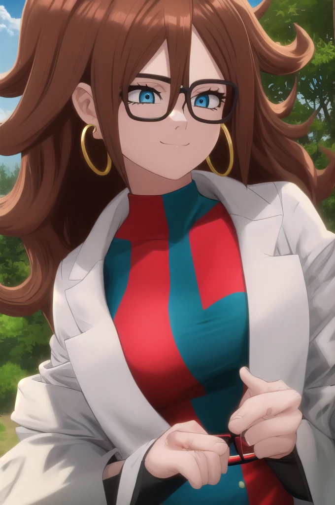 android21, 1girl, solo, blue eyes, brown hair, long hair, curly hair, hair between eyes, jewelry, hoop earrings, glasses,
checkered dress, two-tone dress, multicolored dress, tight dress, turtleneck, black pantyhose, labcoat, long sleeves,
smile,closed mouth,cowboy shot,
forest,outdoor,
(insanely detailed, beautiful detailed face, masterpiece, best quality) cinematic lighting,