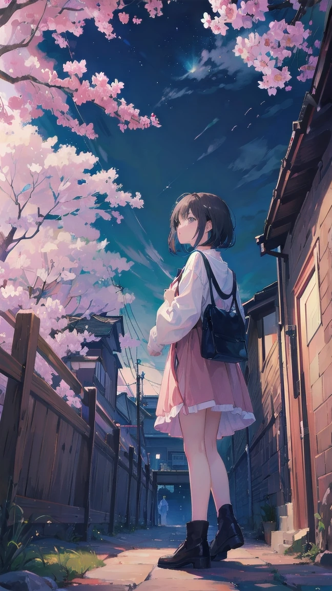 Girl looking up scene 1: Shadow of the cherry blossoms at dusk A girl stands quietly with the sky behind her, Dyed azure. 彼女の目の前にそびえ立つのはバベルのtowerと呼ばれる巨大な桜だ. The Shape, Like piercing the clouds, It&#39;s like it&#39;s reaching the sky. The girl&#39;s gaze is directed towards the top of the cherry tree.. tower, Enveloped in the darkness of the evening, Creates a fantastic atmosphere. The surface of the cherry tree has intricate patterns engraved on it.. Old-fashioned. The girl seemed to sense something deep within the cherry blossoms.. Is it a memory of a classic story?、Or is it a longing for an unknown fantasy world?? Scene 2: star空の記憶 night skyに無数のstarが瞬く中、少女はtowerの頂上に立つ. At her feet, The city lights shine like jewels. The girl takes a deep breath. 夜風の匂いとtowerの古い匂いが混じる. The girl&#39;s mind replayed a famous story. The girl read a story of adventure and friendship.。 . The main character of the story, Like a girl, バベルのtowerに登りました. There, She met her friends、Overcoming various difficulties. One day the girl had a dream。, Like the main character, I&#39;ll go on an adventure. Scene 3: 朝焼けの約束 朝日の光がtowerを照らす頃、少女はtowerを出た. think back, towerは朝日に輝いて神々It even seemed. 少女はいつかまたこのtowerに登ると決めた. And she, She vows to tell the rest of the story. step by step, The girl walked into the future,Cherry blossom trees,Fluttering cherry blossoms,night sky,milky way,star,black hair,short bob,looking at me