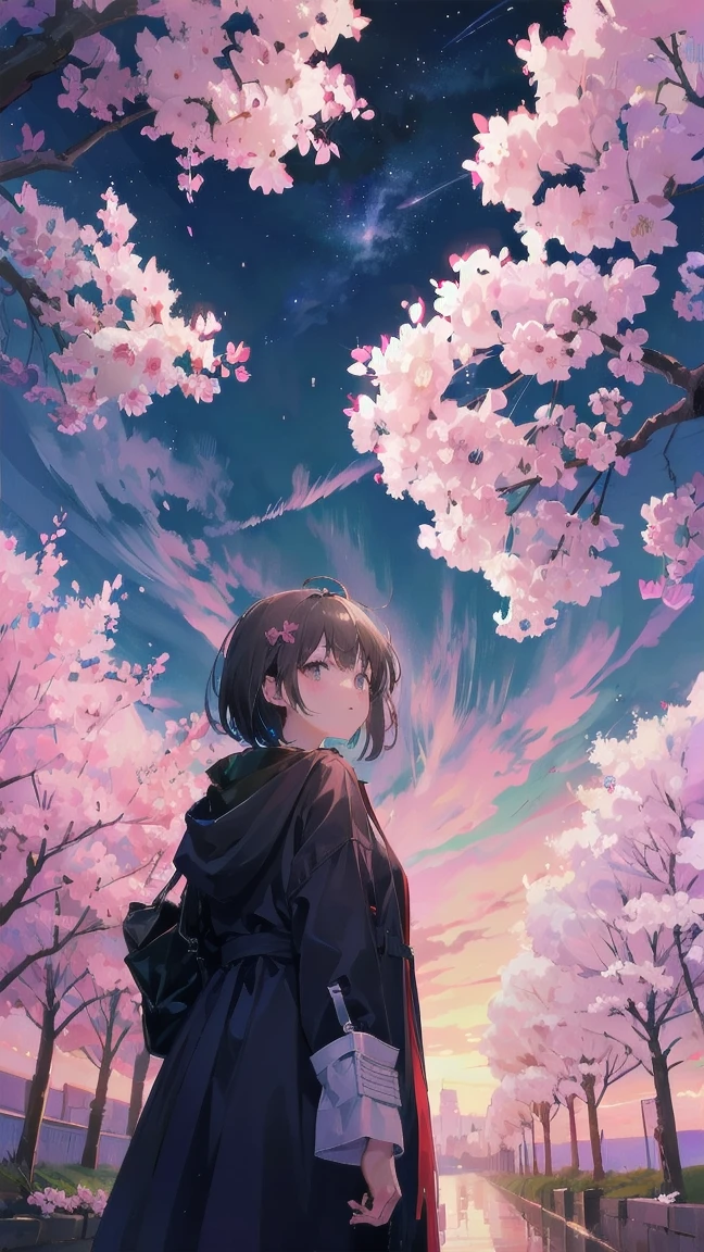 Girl looking up scene 1: Shadow of the cherry blossoms at dusk A girl stands quietly with the sky behind her, Dyed azure. 彼女の目の前にそびえ立つのはバベルのtowerと呼ばれる巨大な桜だ. The Shape, Like piercing the clouds, It&#39;s like it&#39;s reaching the sky. The girl&#39;s gaze is directed towards the top of the cherry tree.. tower, Enveloped in the darkness of the evening, Creates a fantastic atmosphere. The surface of the cherry tree has intricate patterns engraved on it.. Old-fashioned. The girl seemed to sense something deep within the cherry blossoms.. Is it a memory of a classic story?、Or is it a longing for an unknown fantasy world?? Scene 2: star空の記憶 night skyに無数のstarが瞬く中、少女はtowerの頂上に立つ. At her feet, The city lights shine like jewels. The girl takes a deep breath. 夜風の匂いとtowerの古い匂いが混じる. The girl&#39;s mind replayed a famous story. The girl read a story of adventure and friendship.。 . The main character of the story, Like a girl, バベルのtowerに登りました. There, She met her friends、Overcoming various difficulties. One day the girl had a dream。, Like the main character, I&#39;ll go on an adventure. Scene 3: 朝焼けの約束 朝日の光がtowerを照らす頃、少女はtowerを出た. think back, towerは朝日に輝いて神々It even seemed. 少女はいつかまたこのtowerに登ると決めた. And she, She vows to tell the rest of the story. step by step, The girl walked into the future,Cherry blossom trees,Fluttering cherry blossoms,night sky,milky way,star,black hair,short bob,looking at me