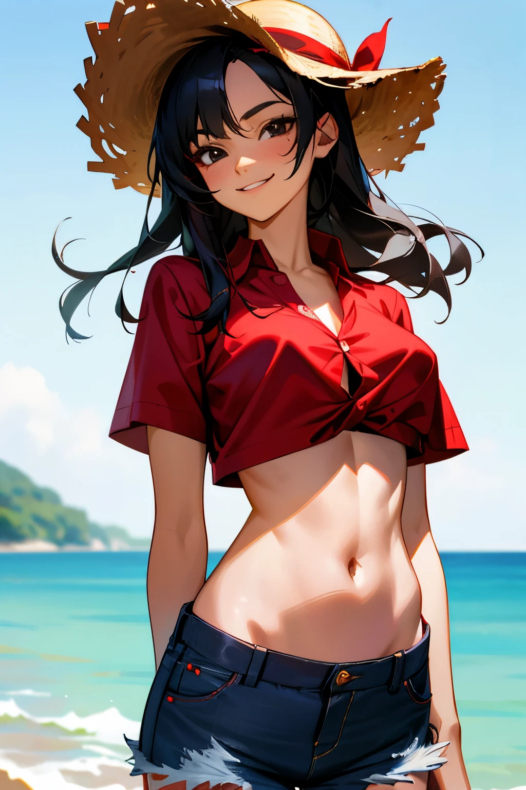 Girl, straw hat, naughty smile, scar under her left eye, black hair, black eyes, open red short-sleeved shirt, short jeans, big breasts, red shirt, sea in the background, unbuttoned shirt, exposed stomach