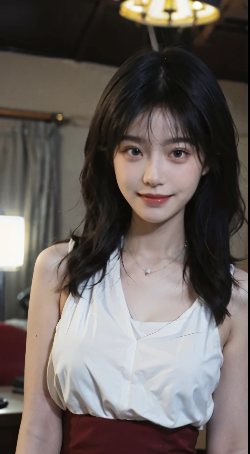 best qualtiy, 超高分辨率, (realisticlying:1.4),cute hairpin,Baoyu Girl,Stand in the wedding hall,(flatchest:1.1) ,A pair of clear and moving peach blossom eyes,Royal Sister,sunshine on face,Big wavy hairstyle,(choker necklace:1.2),(Fair skin:1.4),a sense of atmosphere,a beauty girl, Charming smile,head straight-looking at viewer, closeup cleavage ,(Photorealistic:1.4),1girll,Sexy,(Upper body:1.4),(Wet body),(:1.2)