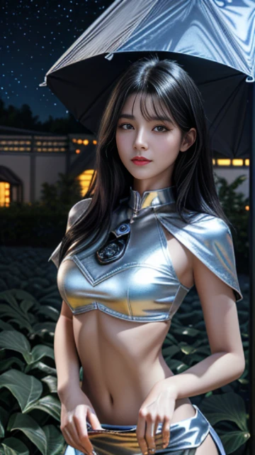 (8k, masterpiece, best quality), ultra-detailed, detailed beautiful round eyes, beautifully detailed face, high quality, high resolution, 1 girl, medium breast, sexy pose, (Black Hair:1.5), (blue silver cloth:1.5), (bare waist:1.2), nighttime, night garden background,