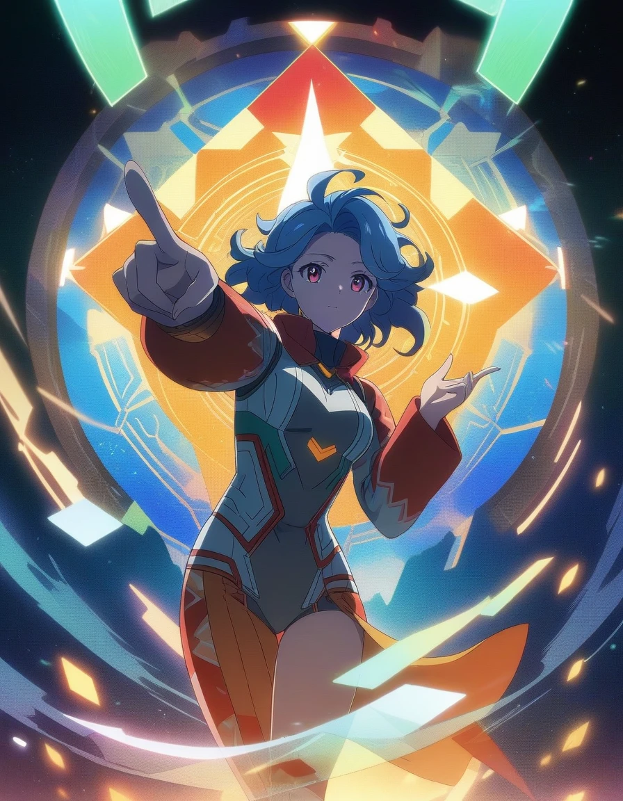 1girl, Tech Mage, Tarot Cards, aesthetic, An updated Tarot card, "Tech Mage", symbolizing power, creation, and resourcefulness. Show a figure in a futuristic setting manipulating a hologram, one hand pointing to the sky, the other to the ground. Use Tarot suits as tech elements. The art should be visually striking, inventive, and blend Tarot symbolism with a modern, tech-focused style . (masterpiece), (best quality), (ultra-detailed), very aesthetic, illustration, disheveled hair, perfect composition, moist skin, intricate details, anime artwork, anime style, visual, vibrant, studio anime, highly detailed