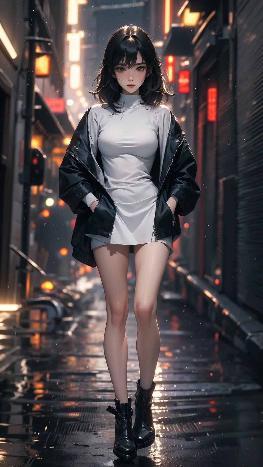 (Highly detailed CG unit 8k wallpaper, masterpiece, High resolution, highest quality, highest qualityのリアルテクスチャスキン), Fashion pose with hands in pockets:1.4, A cool NY fashion girl influenced by nostalgic and inorganic mode fashion., Nana Komatsu, Asymmetrical short hair, detailed costume, fine embroidery, Solid wide leg pants and jacket combination:1.3, blurred background, An empty alley in New York:1.2, hyper realistic, digital painting, concept art,