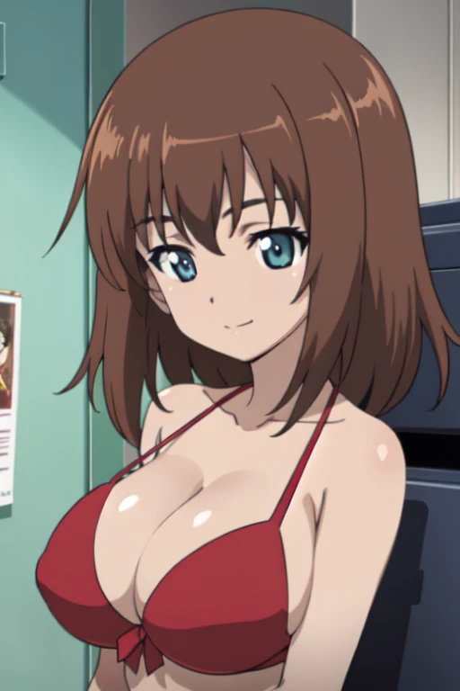 (anime cels style, best quality, high resolution, megami magazine, anime poster style, photorealistic), (beautiful eyes:1.2), kondou_taeko, 1girl, smile, medium hair, brown hair, brown eyes, (hair ribbon, red ribbon), (huge breast), (red bikini), upper body, (perfect detailed anatomy, beautiful face, perfect body, perfect arms, shiny skin), sunshine, bluesky