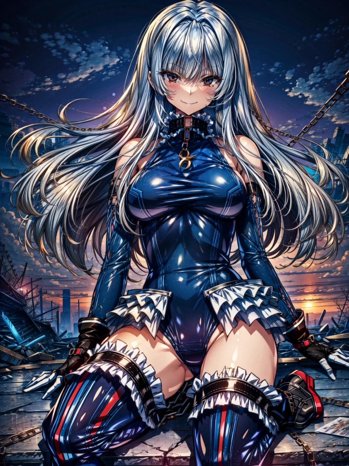 perfect anatomy, highest quality, marirose,evil smile,provocative attitude
,(Girls greet dawn on top of a pile of rubble:1.1),evil smile,anime style,(Torn frill swimsuit:1.5, Thighhighs, removed sleeve), (anime style:1.4) ,
silver hair,(White fingers:1.1,black gloves),very long hair,evil aura,Rape Eye,Torn costume:1.9,(Put a collar with a chain on your hand:1.5)