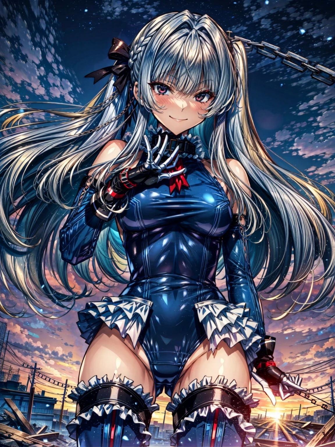 perfect anatomy, highest quality, marirose,evil smile,provocative attitude
,(Girls greet dawn on top of a pile of rubble:1.1),evil smile,anime style,(Torn frill swimsuit:1.5, Thighhighs, removed sleeve), (anime style:1.4) ,
silver hair,(White fingers:1.1,black gloves),very long hair,evil aura,Rape Eye,Torn costume:1.9,(Put a collar with a chain on your hand:1.5)