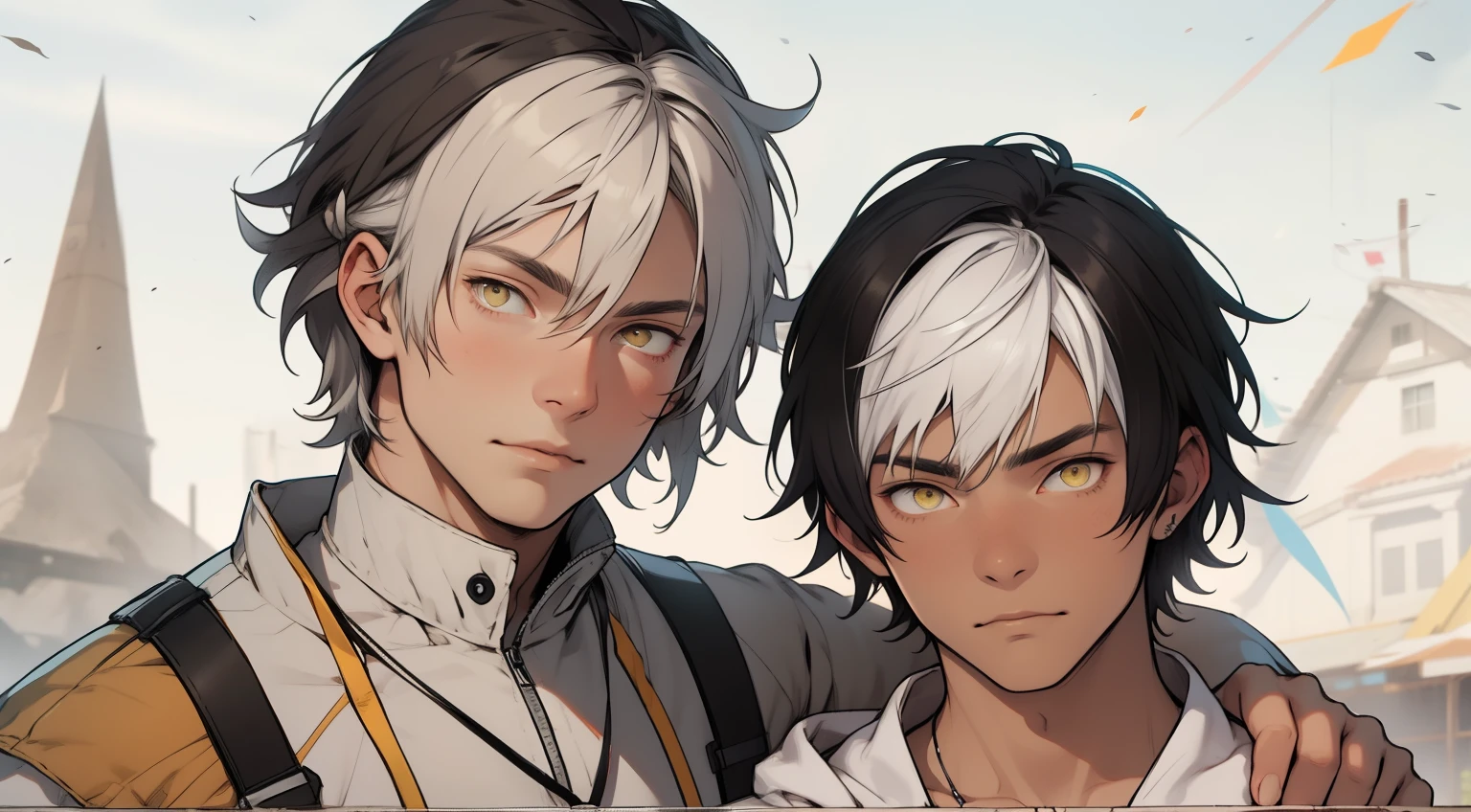 There are two 14-year-old boys with white hair and yellow eyes.
