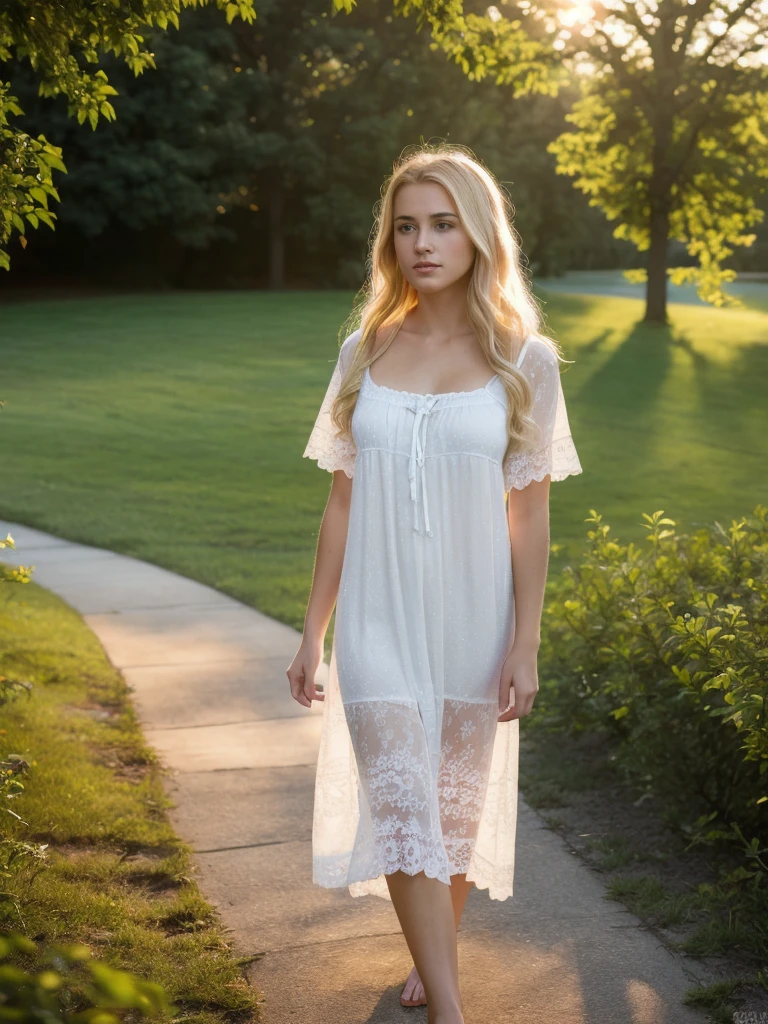 ultra realistic photo of a gorgeous blonde 17 ans girl wearing a nightgown, large bust, front yard checking the mail, (extremely detailed CG unity 8k wallpaper), large bust, 8k uhd, soft lighting, high quality, wide angle shot showing full body, Sharp focus, dramatic, (looking off into the distance:1.2), (natural light), UHD, crazy detail