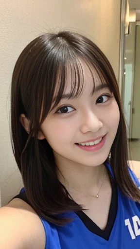 It captures a beautiful 24-year-old Japanese woman with the figure of a member of Japanese idol groups Keyakizaka46 and Nogizaka46.。She is posing as a volleyball player。With a smile、I'm posing with the wide angle slightly raised.。Her natural charm and bright smile、It's overflowing from the photo。Her pose and charming smile、It fascinates the viewer。Touching the ball in a white sleeveless shirt。In the background、The men's restroom is expanding