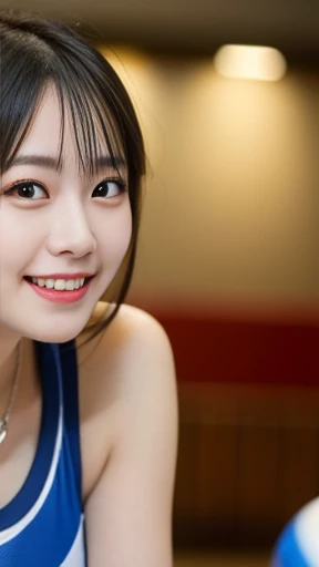 It captures a beautiful 24-year-old Japanese woman with the figure of a member of Japanese idol groups Keyakizaka46 and Nogizaka46.。She is posing as a volleyball player。With a smile、I'm posing with the wide angle slightly raised.。Her natural charm and bright smile、It's overflowing from the photo。Her pose and charming smile、It fascinates the viewer。Touching the ball in a white sleeveless shirt。In the background、Cabaret clubs are spreading