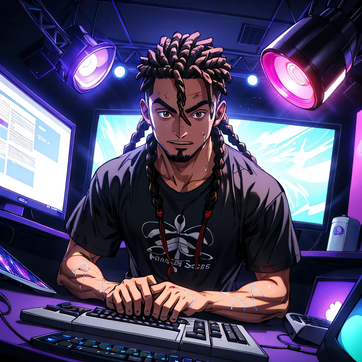 ((Melhor qualidade)) ultra-detailed, a boy black, playing games on a computer ,with box braids , drip , with a black tshirt , black hair , using a mouse , keyboard , and monitor , vibrant colors , studio lighting , brown eyes, looking at the camera
