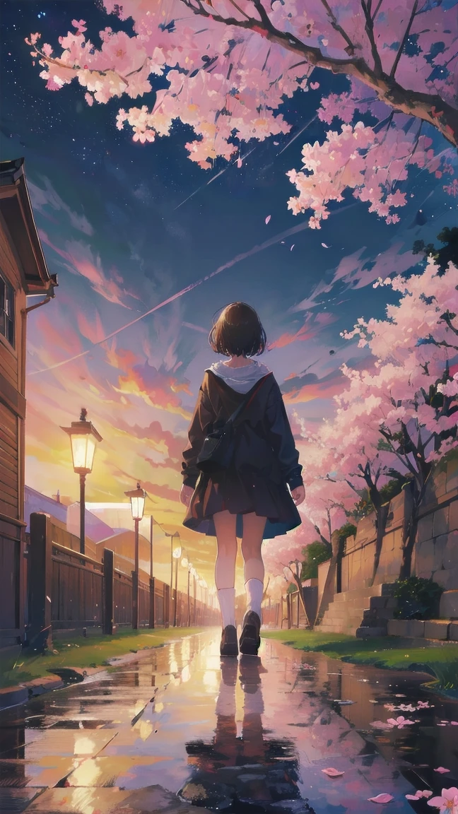 Girl looking up scene 1: Shadow of the cherry blossoms at dusk A girl stands quietly with the sky behind her, Dyed azure. 彼女の目の前にそびえ立つのはバベルのtowerと呼ばれる巨大な桜だ. The Shape, Like piercing the clouds, It's like it's reaching the sky. The girl's gaze is directed towards the top of the cherry tree.. tower, Enveloped in the darkness of the evening, Creates a fantastic atmosphere. The surface of the cherry tree has intricate patterns engraved on it.. Old-fashioned. The girl seemed to sense something deep within the cherry blossoms.. Is it a memory of a classic story?、Or is it a longing for an unknown fantasy world?? Scene 2: star空の記憶 night skyに無数のstarが瞬く中、少女はtowerの頂上に立つ. At her feet, The city lights shine like jewels. The girl takes a deep breath. 夜風の匂いとtowerの古い匂いが混じる. The girl's mind replayed a famous story. The girl read a story of adventure and friendship.。 . The main character of the story, Like a girl, バベルのtowerに登りました. There, She met her friends、Overcoming various difficulties. One day the girl had a dream。, Like the main character, I'll go on an adventure. Scene 3: 朝焼けの約束 朝日の光がtowerを照らす頃、少女はtowerを出た. think back, towerは朝日に輝いて神々It even seemed. 少女はいつかまたこのtowerに登ると決めた. And she, She vows to tell the rest of the story. step by step, The girl walked into the future,Cherry blossom trees,Fluttering cherry blossoms,night sky,milky way,star,black hair,short bob,looking at me