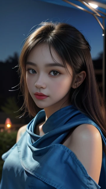 (8k, masterpiece, best quality), ultra-detailed, detailed beautiful round eyes, beautifully detailed face, high quality, high resolution, 1 girl, medium breast, (blue cloth:1.5), (bare waist:1.2), nighttime, night garden background,
