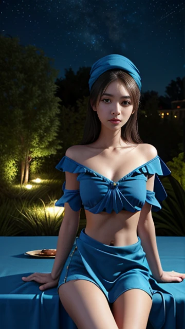 (8k, masterpiece, best quality), ultra-detailed, detailed beautiful round eyes, beautifully detailed face, high quality, high resolution, 1 girl, medium breast, (blue cloth:1.5), (bare waist:1.2), nighttime, night garden background,
