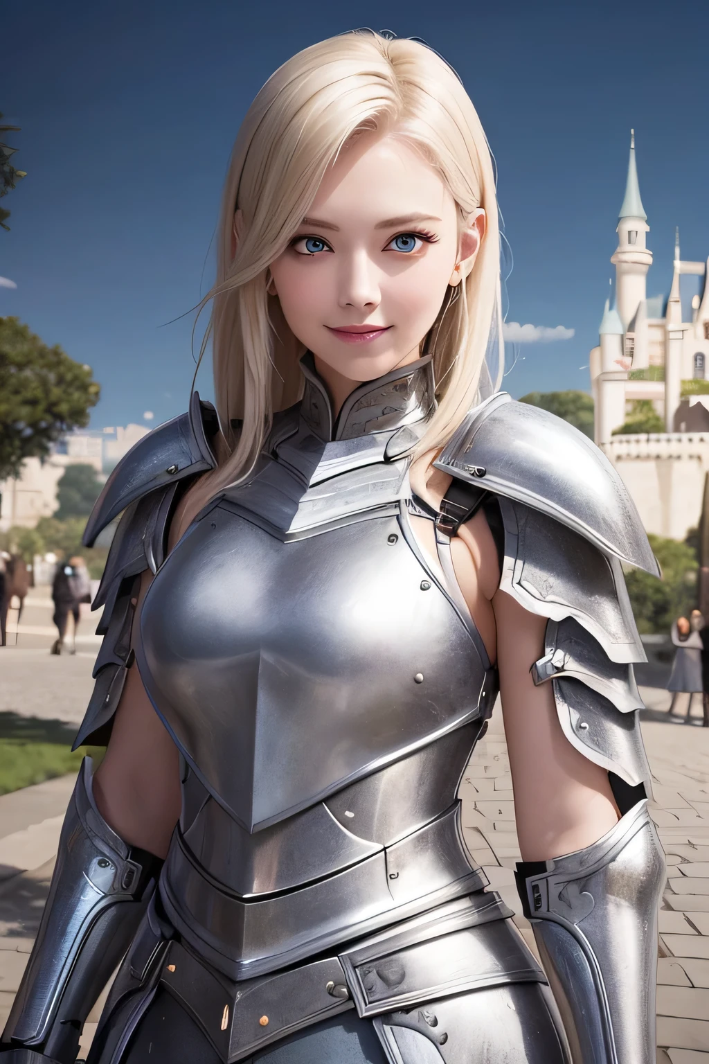 ８Ｋ、highest quality、female knight、The background is a castle、Luxurious Silver Armor、heavy equipment、hairstyle short cut、smile、beautiful teeth、full body photo、ear piercing、blonde、white woman、blue eyes、

