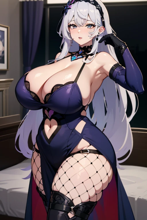 (Best Quality,Unparalleled Masterpiece:1.4)Ultra-Detailed CG 4K,(Ultra-Detailed Clear Absurdly-Vivid Blue Big Eyes:1.2),Gorgeous Detailed Face(Voluptuous:1.4)Andriod(Gigantic Breasts:1.8)(Voluminous Long silver Hair: 1.4),(Bangs, Sidelocks:1.2)Seductive(intricately detailed black dress:1.3)(Solo:1.4)(1Girl: 0.5)(Facing Viewer:1.2)(Curvaceous:1.4)(Curvy:1.4)(Bimbo: 1.4)(Tiny Waist: 1.2)(Thick Lips: 1.3) venusbody, squishing breasts, anime, dark bedroom, night time, night, dim lighting, gothic, goth, gigantic breasts, fakebreasts, black lips, plump lips, black eyeliner, sexy pose, shaking, trembling, heart, hearts, Very long hair, silver hair, yellow eyes, jewelry, choker, arched back, black bow, tiny waist, many piercings, body of venus, long bangs, gloves, hairband, fishnet thighhighs, thighhighs under boots, view from the front, fishnet stockings, yellow eyes, long hair, elbow gloves, bare shoulders, dress, pantyhose, thigh boots, high heels
